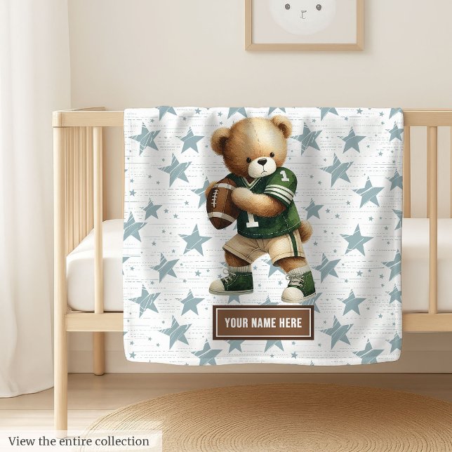 Trendy American Football Teddy Bear Personalized Fleece Blanket (Cozy American football teddy bear blanket, personalized for a memorable boy birthday gift.)