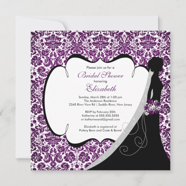Trendy Amethyst Damask Bride Bridal Shower Invite (Front)