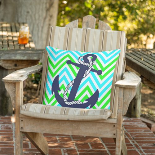Trendy Anchor On Bright Summer Zigzag Pattern Outdoor Pillow