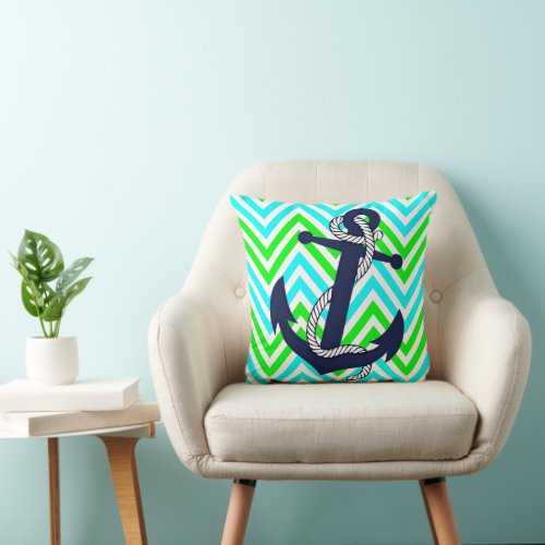 Trendy Anchor On Bright Summer Zigzag Pattern Throw Pillow