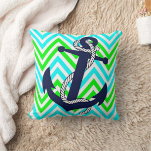 Trendy Anchor On Bright Summer Zigzag Pattern Throw Pillow