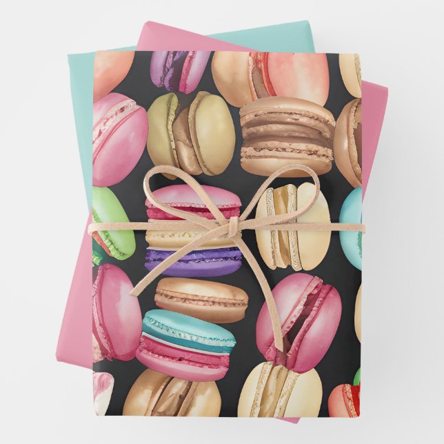 Trendy and Artistic Watercolor Macarons Pattern Wrapping Paper Sheets (In situ)