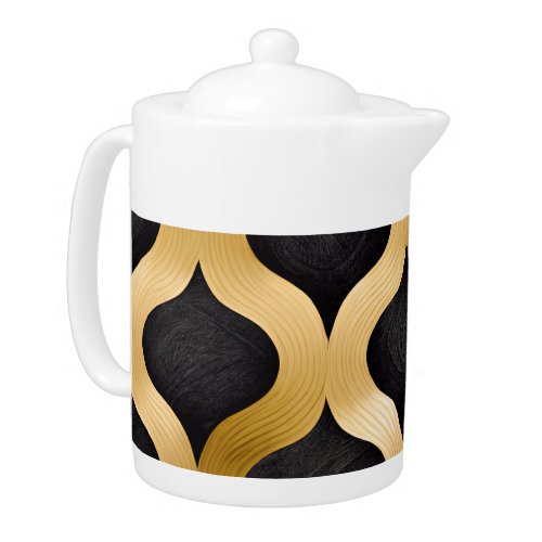Trendy and Chic Black and Gold Geometric Waves  Teapot