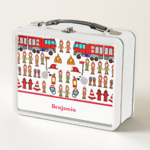 Trendy and Cute Red Fire Engine & Fire Fighters Metal Lunch Box