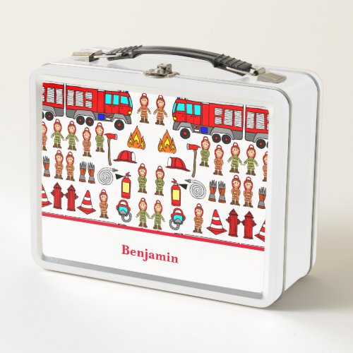 Trendy and Cute Red Fire Engine  Fire Fighters Metal Lunch Box