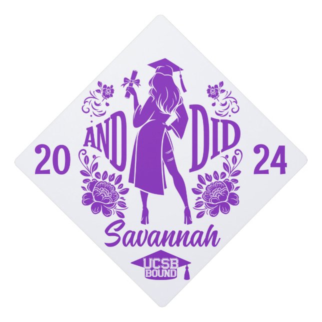 Trendy "AND DID" Urban Woman's Silhouette Purple Graduation Cap Topper (Front)