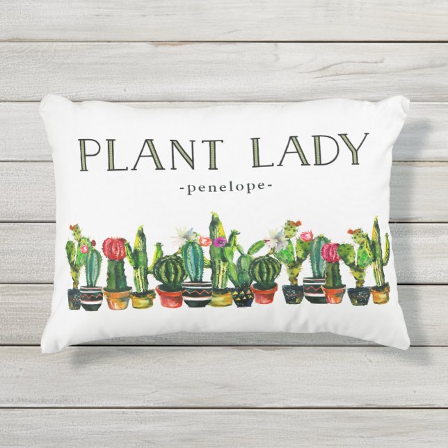 Trendy and Funny Plant Lady with Cactus Outdoor Pillow (Front)