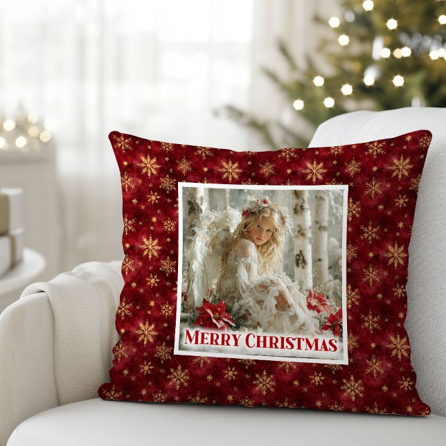 Trendy Angel Poinsettia Red Gold Personalized Xmas Throw Pillow (Trendy Angel Poinsettia Red Gold Personalized Christmas Pillow

)