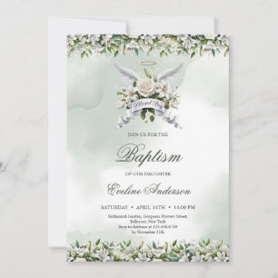 Trendy angel wings lilies Blessed day Baptism Invitation
