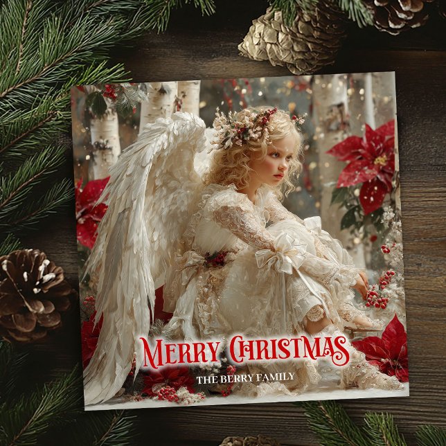 Trendy angelic angel red gold festive beautiful  holiday card (Trendy angelic angel red gold festive beautiful card)