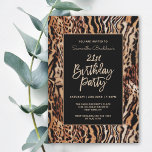 Trendy Animal Print 21st Birthday Party Invitation<br><div class="desc">Celebrate her 21st birthday in trendy style with this custom Safari style invitation. It features a wild animal print pattern in earthy shades of brown, tan, beige and black with a stripes and spots pattern. A chic black background frames your custom text in style. Personalize the text template with your...</div>