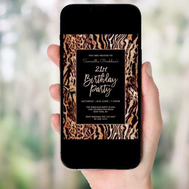 Trendy Animal Print 21st Birthday Party Invitation (Front Digital)