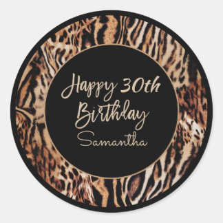 Trendy Animal Print 30th Birthday with Name Classic Round Sticker