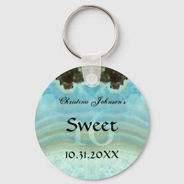 Trendy Aqua Blue Crystal Sweet 16 Party Favors Keychain (Front)