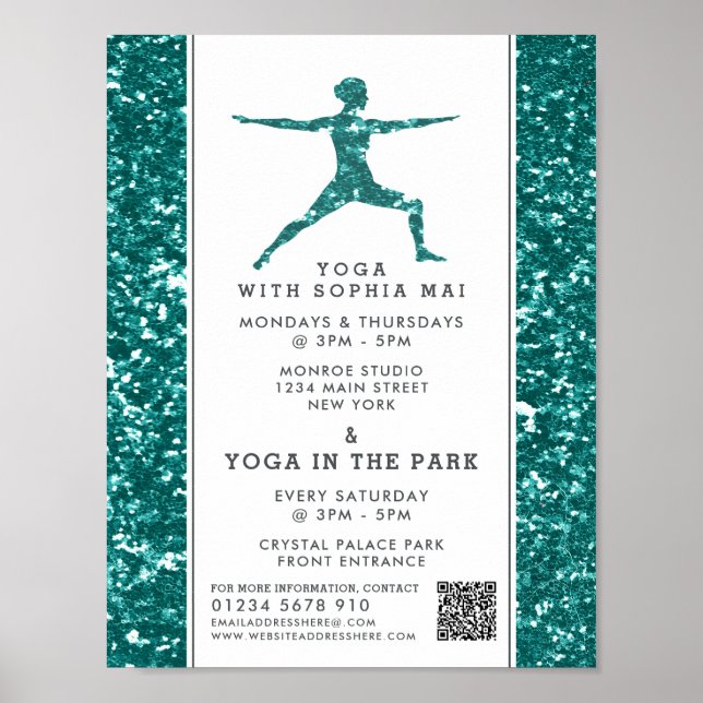 Trendy Aqua Glitter Effect Yoga Class Advertising Poster (Front)