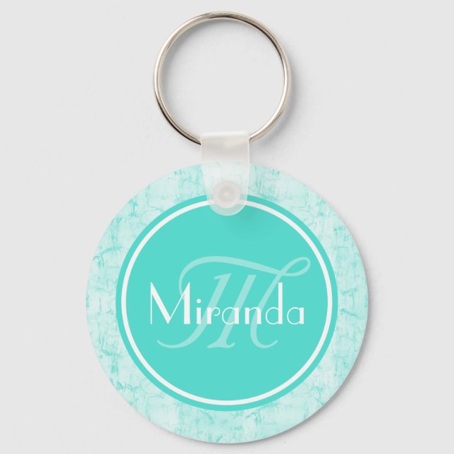 Trendy Aqua Mint Crackle Pattern With Monogram Keychain (Front)
