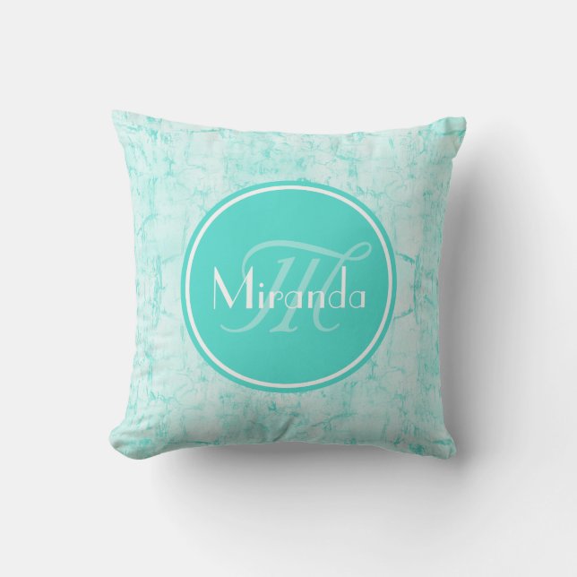 Trendy Aqua Mint Crackle Pattern With Monogram Throw Pillow (Front)