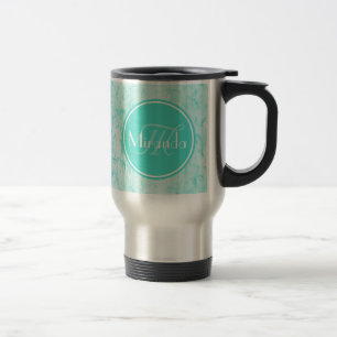 Trendy Aqua Mint Crackle Pattern With Monogram Travel Mug