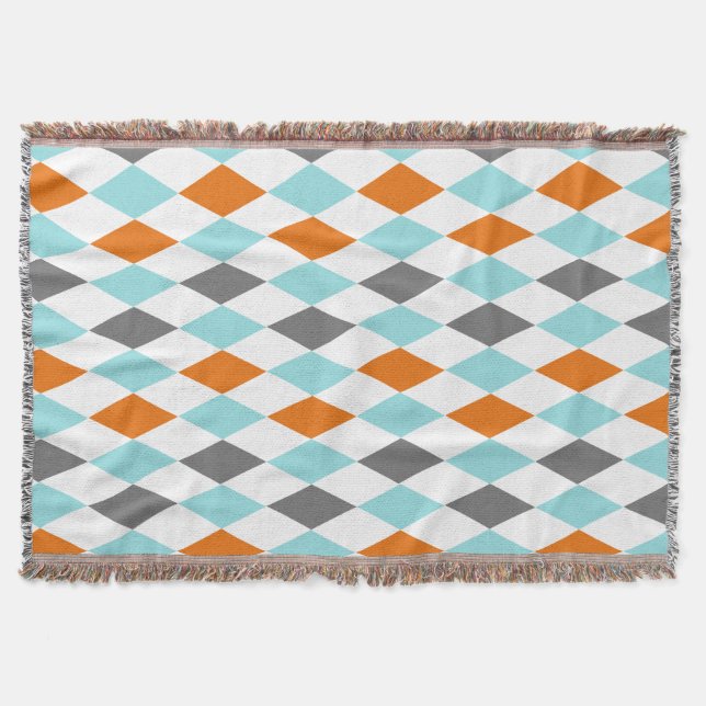Trendy Aqua Orange Teal Modern Harlequin Throw Blanket (Front)