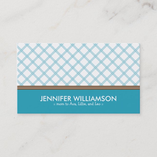 Trendy Aqua Plaid Mommy Calling Card (Front)