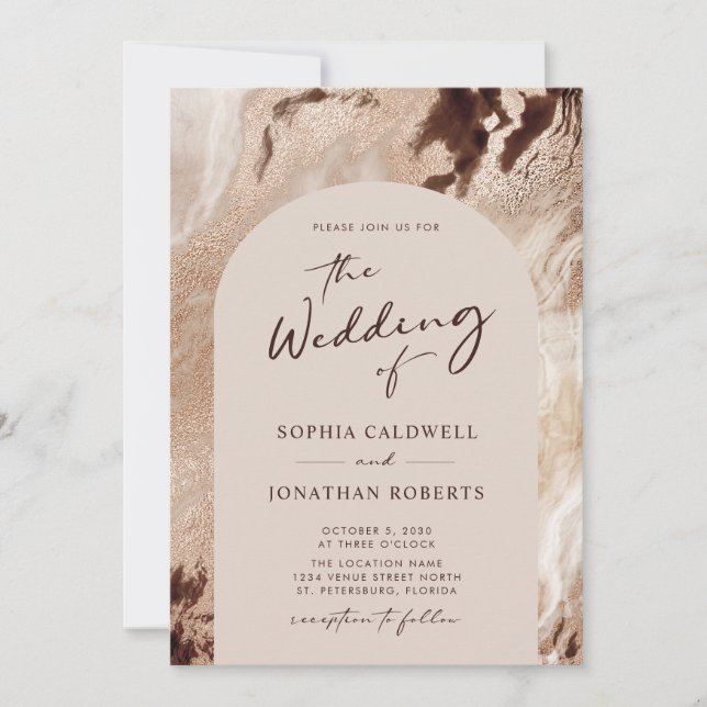 Trendy Arch Earthy Textures Gold Washes Wedding Invitation (Front)