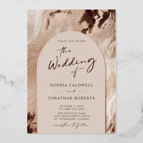 Trendy Arch Earthy Textures Real Rose Gold Wedding Foil Invitation