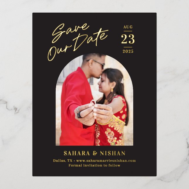 Trendy Arch FOIL Wedding Save The Date Postcard (Front)