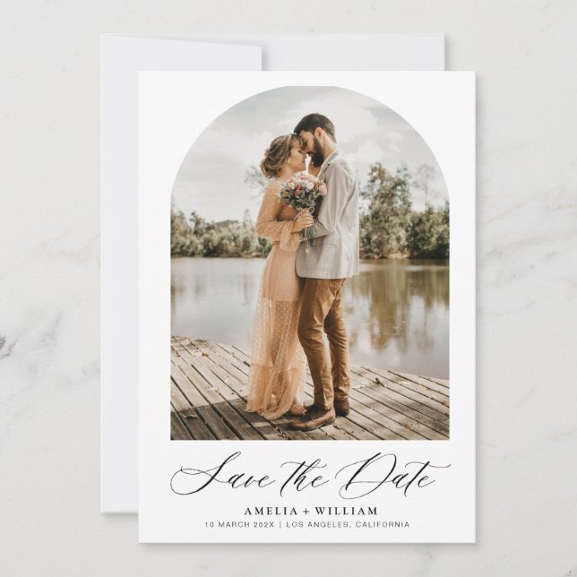trendy arch photo modern script wedding save the date (Front)