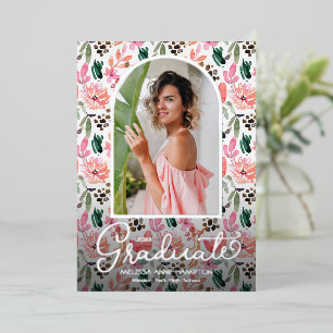 Trendy Arch Photo on Floral Graduation Party Foil Invitation