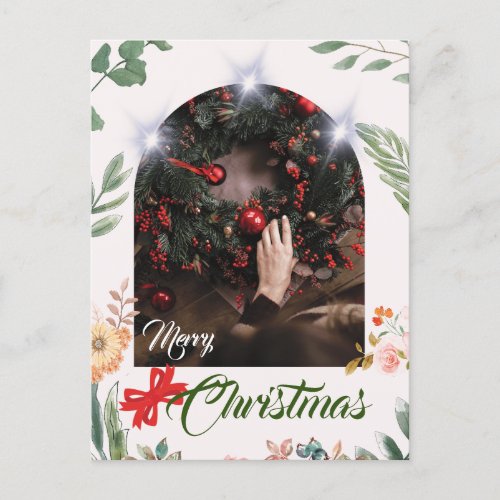 Trendy arch photo typography merry christmas holiday postcard