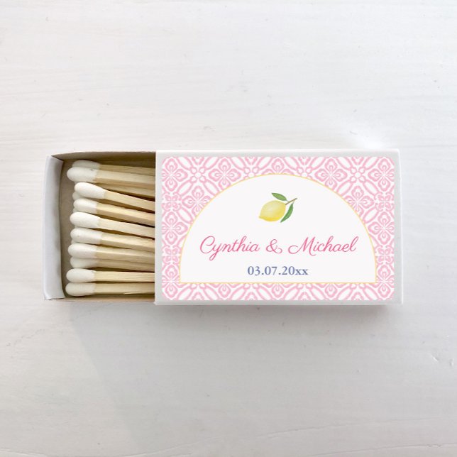 Trendy Arch Positano Lemon Pink And White Wedding Matchboxes (Trendy arch pink and white tile wedding matches with single watercolor lemon)