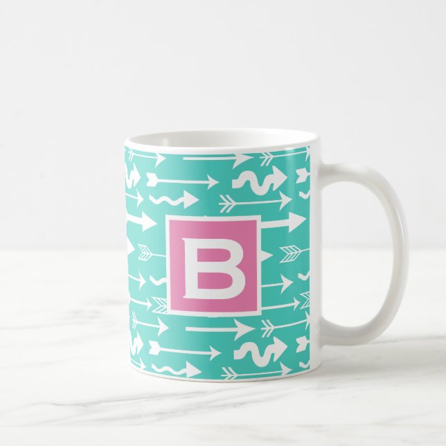 Trendy Arrows Pattern Teal and Pink Monogram Coffee Mug (Right)