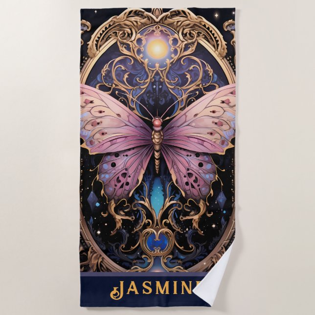 Trendy Art Deco Purple Pink Gold Butterfly Beach Towel (Front)