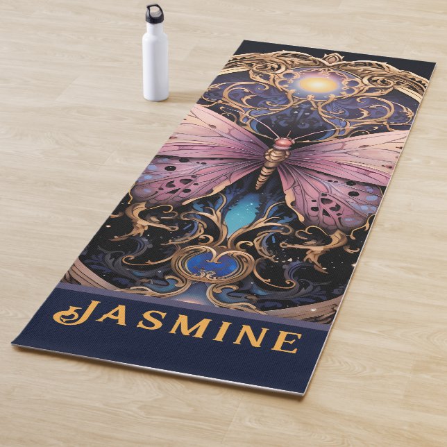 Trendy Art Deco Purple Pink Gold Butterfly Yoga Mat (In Situ)