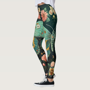 Trendy Art Deco Teal Pink Floral Butterfly Yoga Leggings
