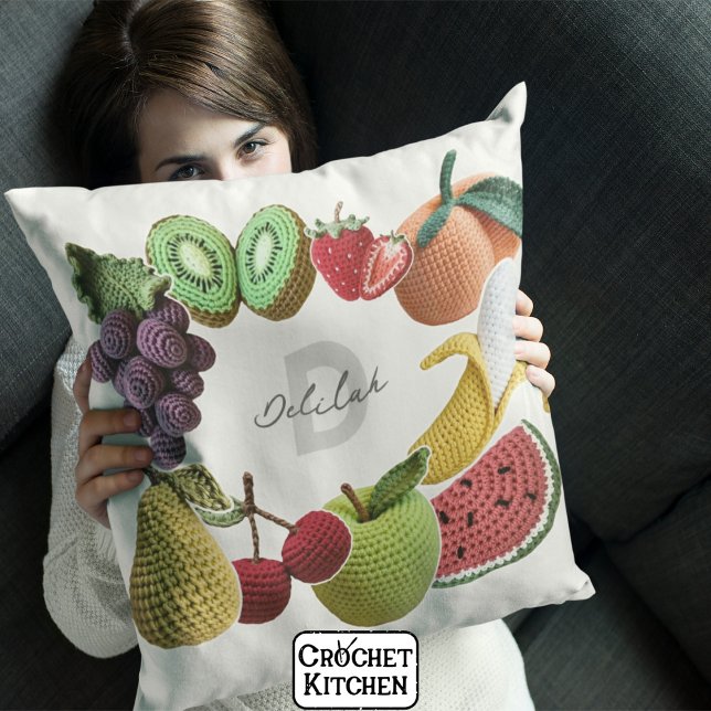 Trendy Artistic Rainbow Crochet Fruit Collage Throw Pillow (Creator Uploaded)