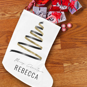Trendy Artsy Tree Gold Black Name Merry Large Christmas Stocking