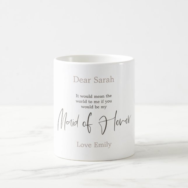 Trendy Arty Brown Script Maid of Honor request Coffee Mug (Center)