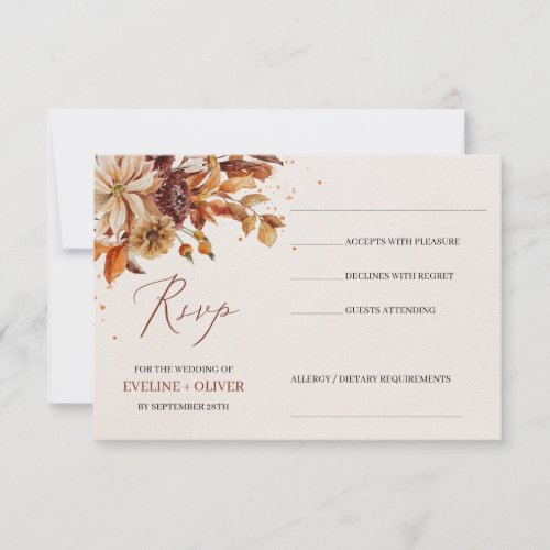 Trendy Autumn floral and lewaves foliage wedding RSVP Card