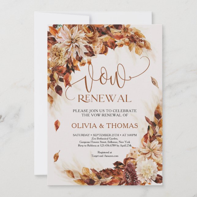Trendy autumn flowers and leaves vow renewal  invitation (Front)
