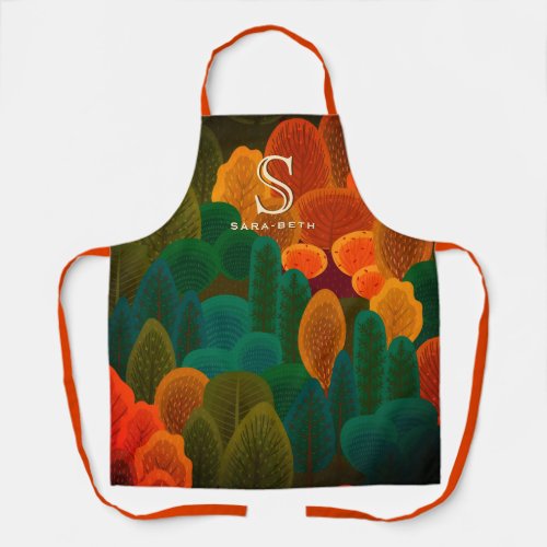 Trendy Autumn Forest Modern Botanical WITH INITIAL Apron