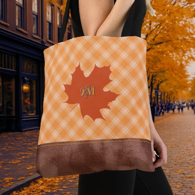 Trendy Autumn Plaid Maple Leaf Personalizable Tote Bag (Creator Uploaded)