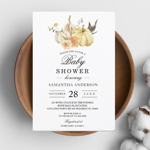 Trendy Autumn Watercolor Pumpkin  Flowers Invitation