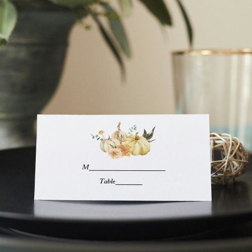 Trendy Autumn Watercolor Pumpkin  Flowers Place Card