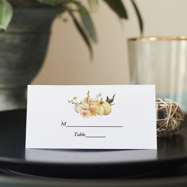 Trendy Autumn Watercolor Pumpkin & Flowers Place Card (Creator Uploaded)