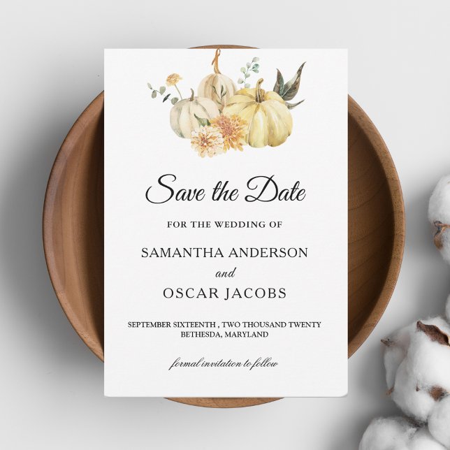 Trendy Autumn Watercolor Pumpkin & Flowers Save The Date (Creator Uploaded)