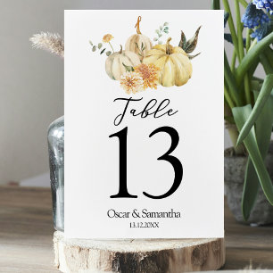 Trendy Autumn Watercolor Pumpkin & Flowers Table Number