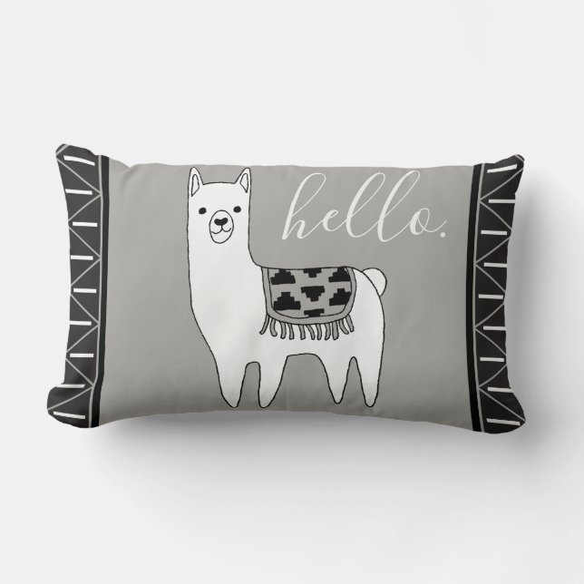 Trendy Aztec Pattern & White Llama Hello. Lumbar Pillow (Front)