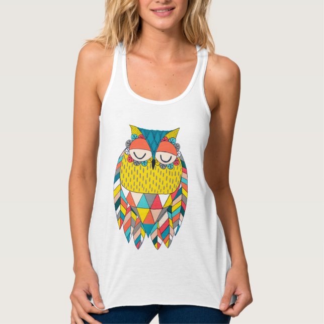 Trendy Aztec Triangles Pattern Owl Illustration Tank Top (Front)