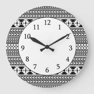 Trendy Aztec Tribal Print Geometric Pattern(Black) Large Clock